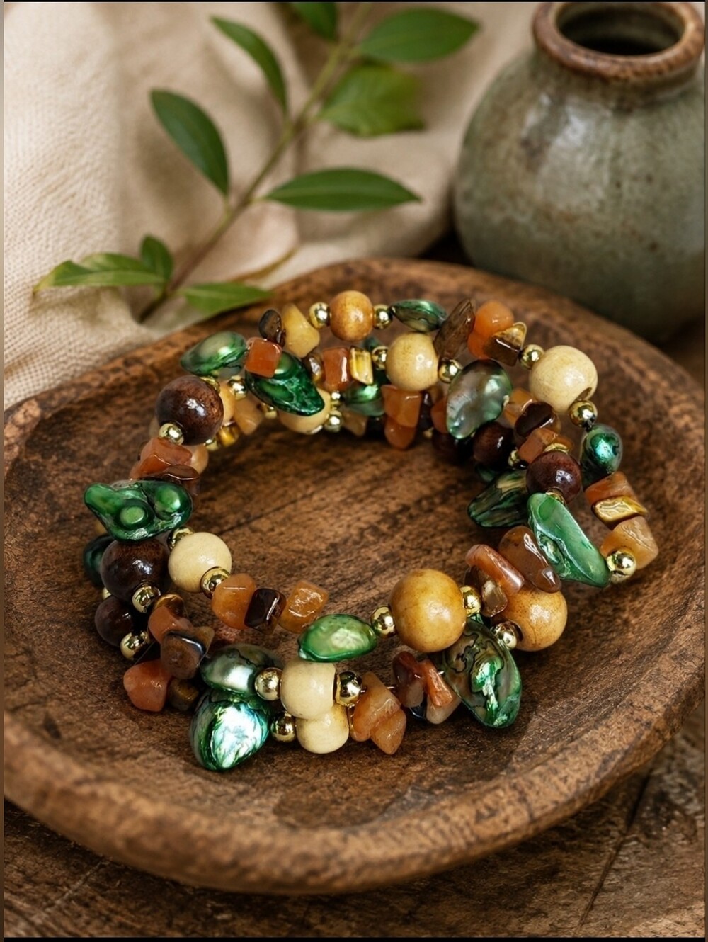 Stone Shell Wood Beaded Memory Wire Bracelet Gold Tone Mother Nature Organic EUC